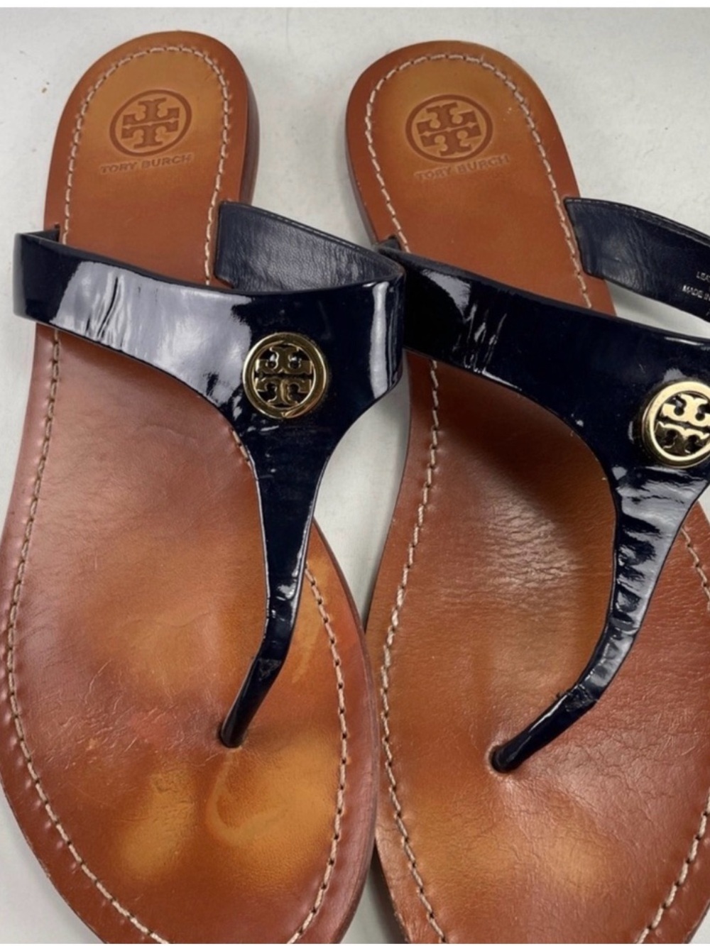 Tory Burch Black Patent Miller Thong Sandals with Gold Logo